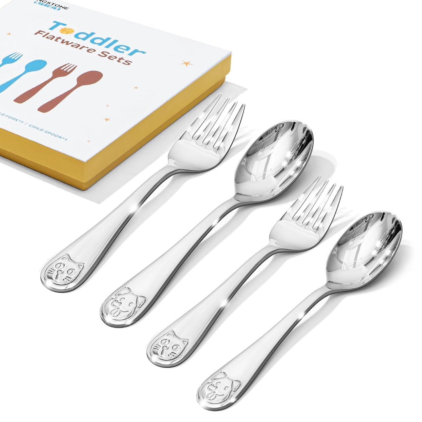 KINGSTONE Toddler Utensils Gift Set, 4-Piece Forks & Spoons, Small & Large, 18/10 Stainless Steel, Cat & Dog Print, Ergonomic Flatware for Toddlers & Kids, Self-Feeding, Children Shower Gift