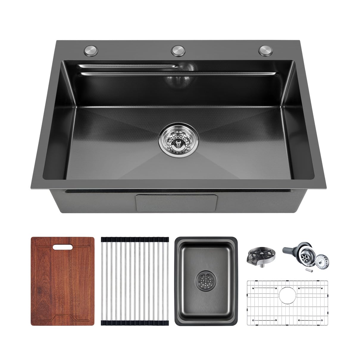 FRANIC 26" Handmade Black Bar Workstation Sink, 26" x 18" x 8" Stainless Steel Matte Nano Black Topmount Single Bowl Small Kitchen Outdoor Sink