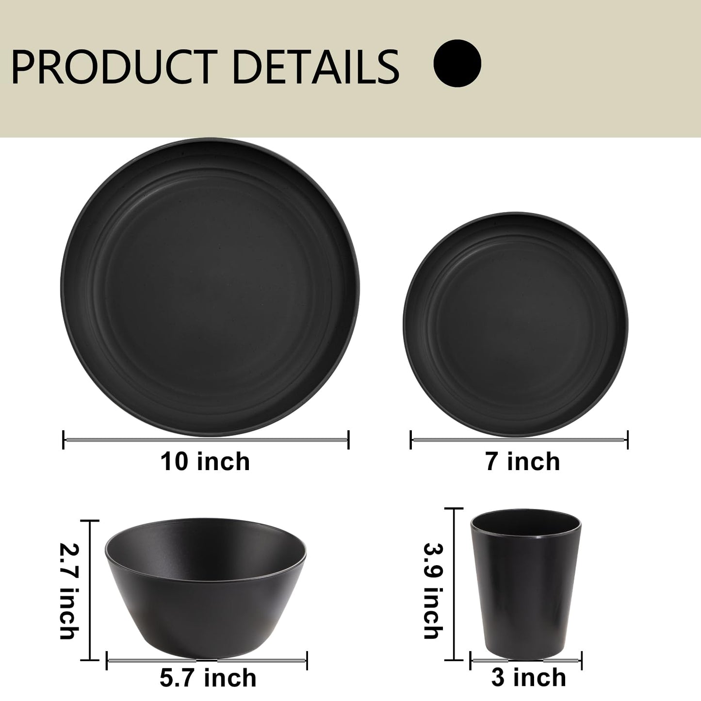 LIYH 48 Pcs Black Wheat Straw Plates and Bowls Dinnerware Set for 12, Camping Dish Set, Dishwasher Safe, Unbreakable Plastic Camper Dishes