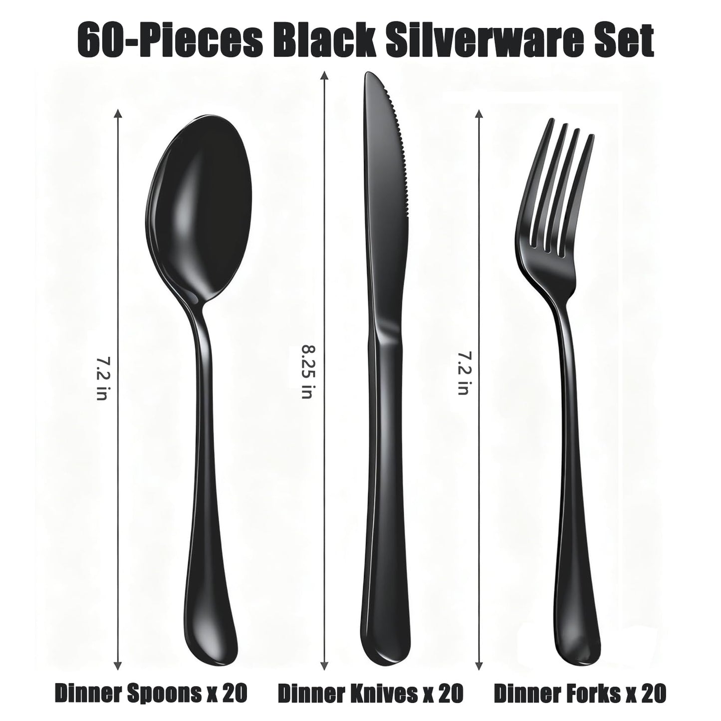 ERVILO 60 Piece Black Silverware Set - Service for 20, Stainless Steel Flatware Cutlery Set Include Knives Spoons Forks, Black Bulk Silverware for Wedding, Restaurant, Home, Dishwasher Safe