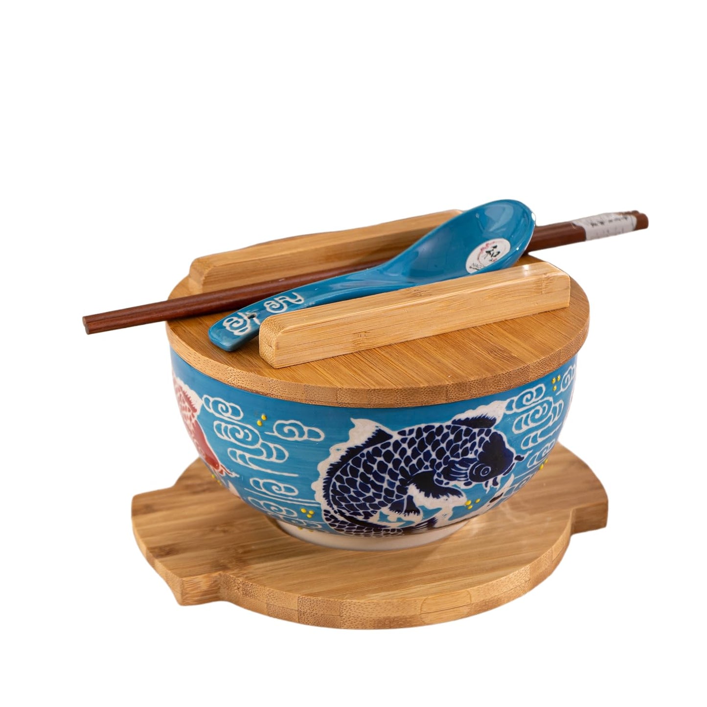 Urban Tokyo Japanese Kamameshi Style Ceramic Glazed Japanese Ramen Udon Pho Noodle Bowl With Spoon, Bamboo Lid, Chopsticks and Trivet 5 Piece Set (Japanese Koi Fish), BCH625