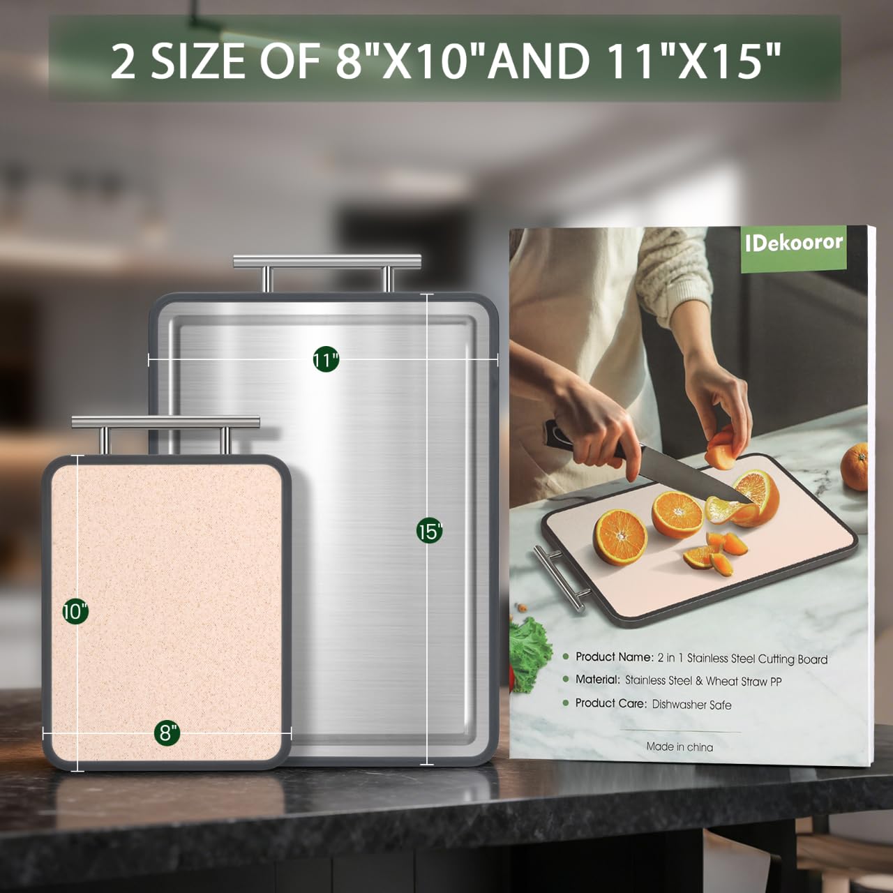 Stainless Steel Cutting Board 8x10" and 15x11", IDekooror Double Sided Steel Chopping Board for Kitchen, Steel and Wheat Straw PP 2-in-1 Cutting Board for Meat Vegetables Fruits, Dishwasher Safe