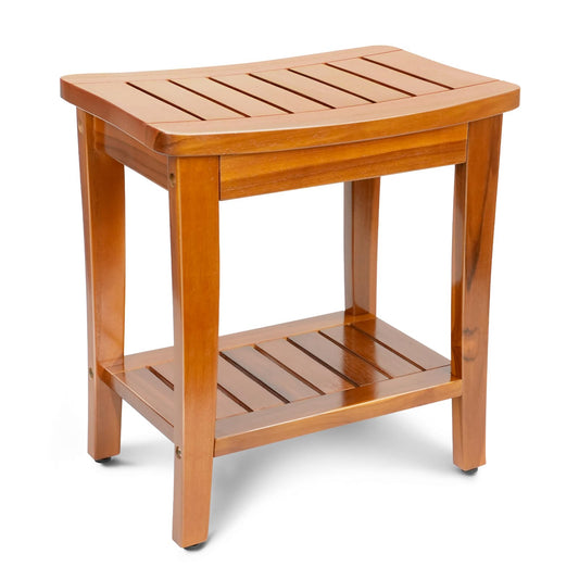 16" Compact Teak Shower Bench with Shelf, Premium Teak Shower Stool, Durable Waterproof Seat for Inside Shower, Solid Teak Wood Bench for Bathroom, Indoor & Outdoor Use