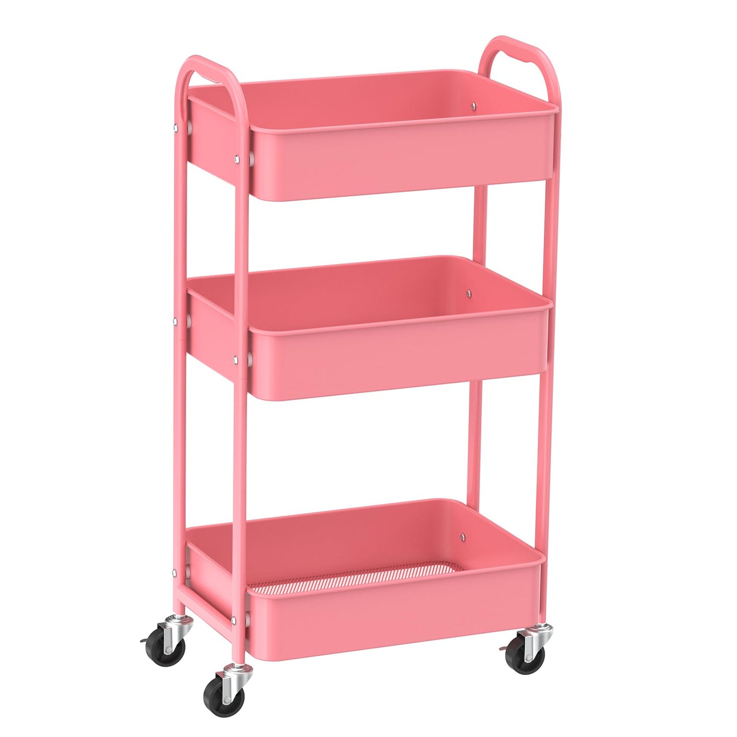 MAX Houser 3-Tier Rolling Utility Cart with Caster Wheels,Easy Assembly, for Kitchen, Bathroom (Pink)