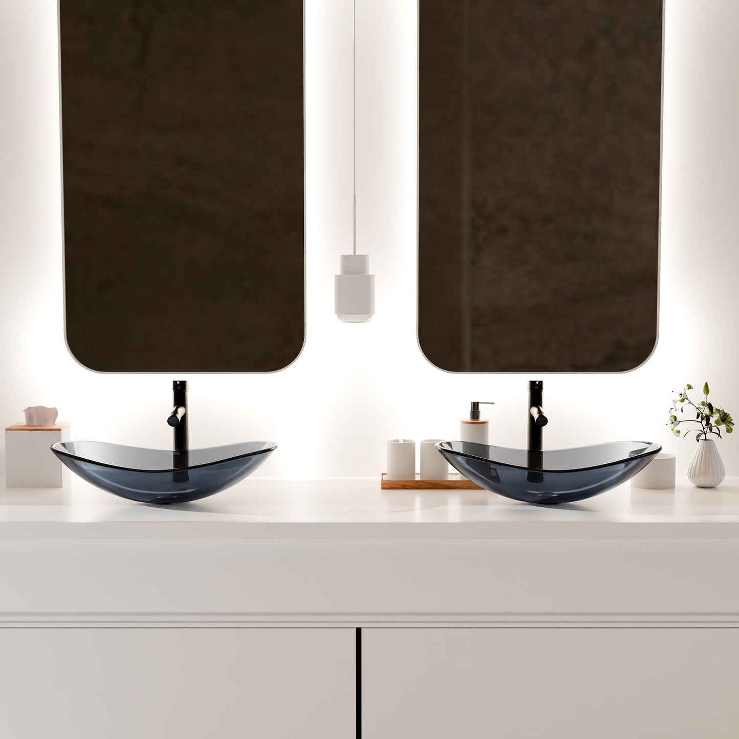 YIMAI Ingenuity Vessel Sink Bathroom Sinks Tempered Glass Art Basin 20.8"x13.7" Oval Bowl Above Counter with Faucet and Pop-Up Drain Combo, Oval Clear Grey,Modern Countertop Bowl Sink