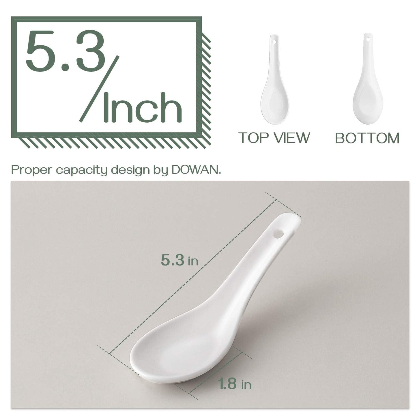 DOWAN Soup Spoons, Ceramic Asian Soup Spoons, White Japanese Spoon Large for Ramen Pho Wonton Dumpling Miso, Deep Oval Hook Design, Set of 12 (12, Soft White)
