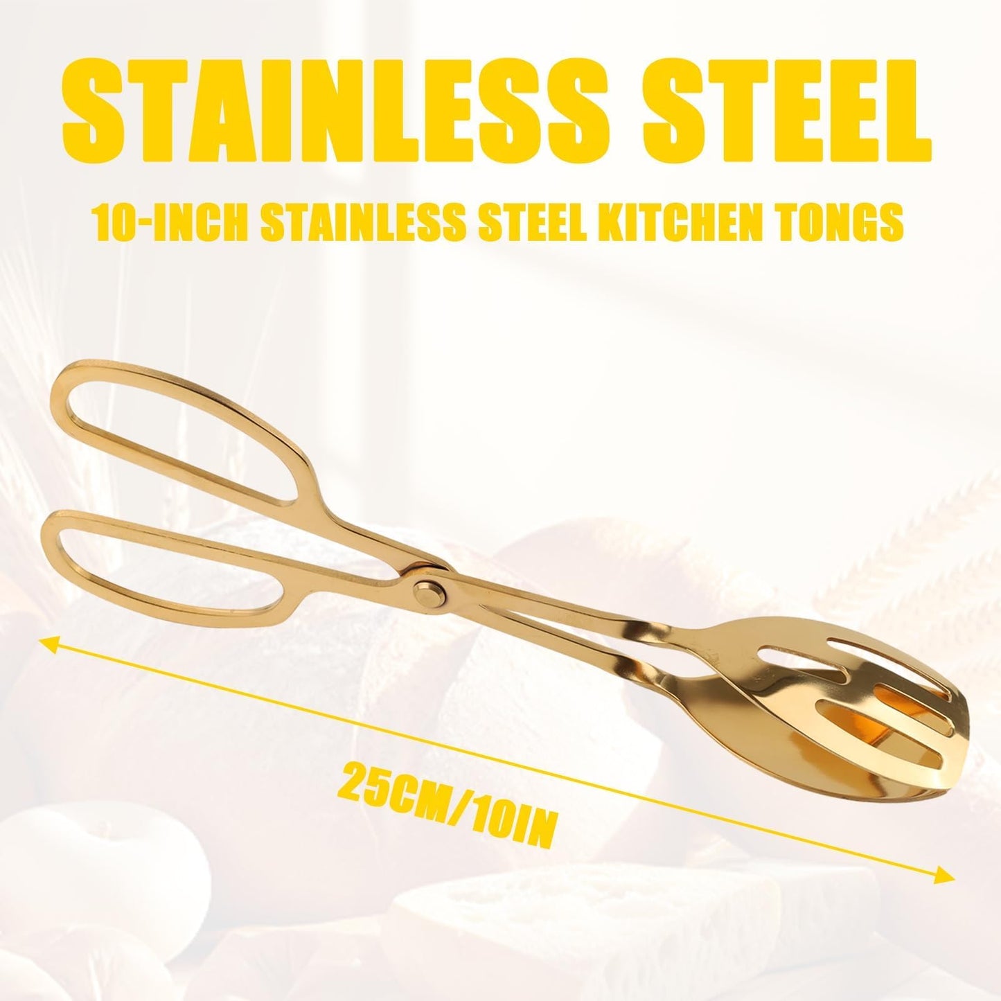 Premium Gold Salad Tongs for Serving - 10-Inch Stainless Steel Scissor Tongs, Heavy Duty Metal Salad Tossers with Comfort Grip, Elegant Food Serving Utensils for Tossed Salad, Fruit & Parties