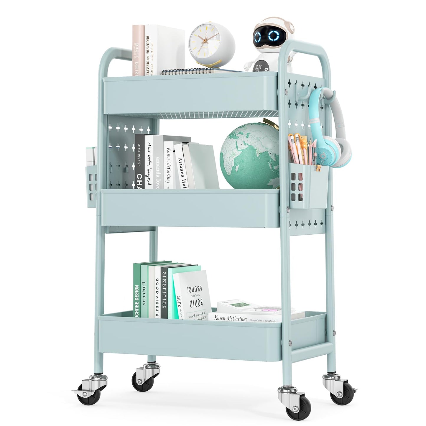 TOOLF Metal Rolling Storage Cart, 3-Tier Utility Mobile Cart with DIY Pegboards, Serving Trolley Cart with Baskets Hooks, for Kitchen, Bathroom, Office, Home, Classroom (Mint Green)