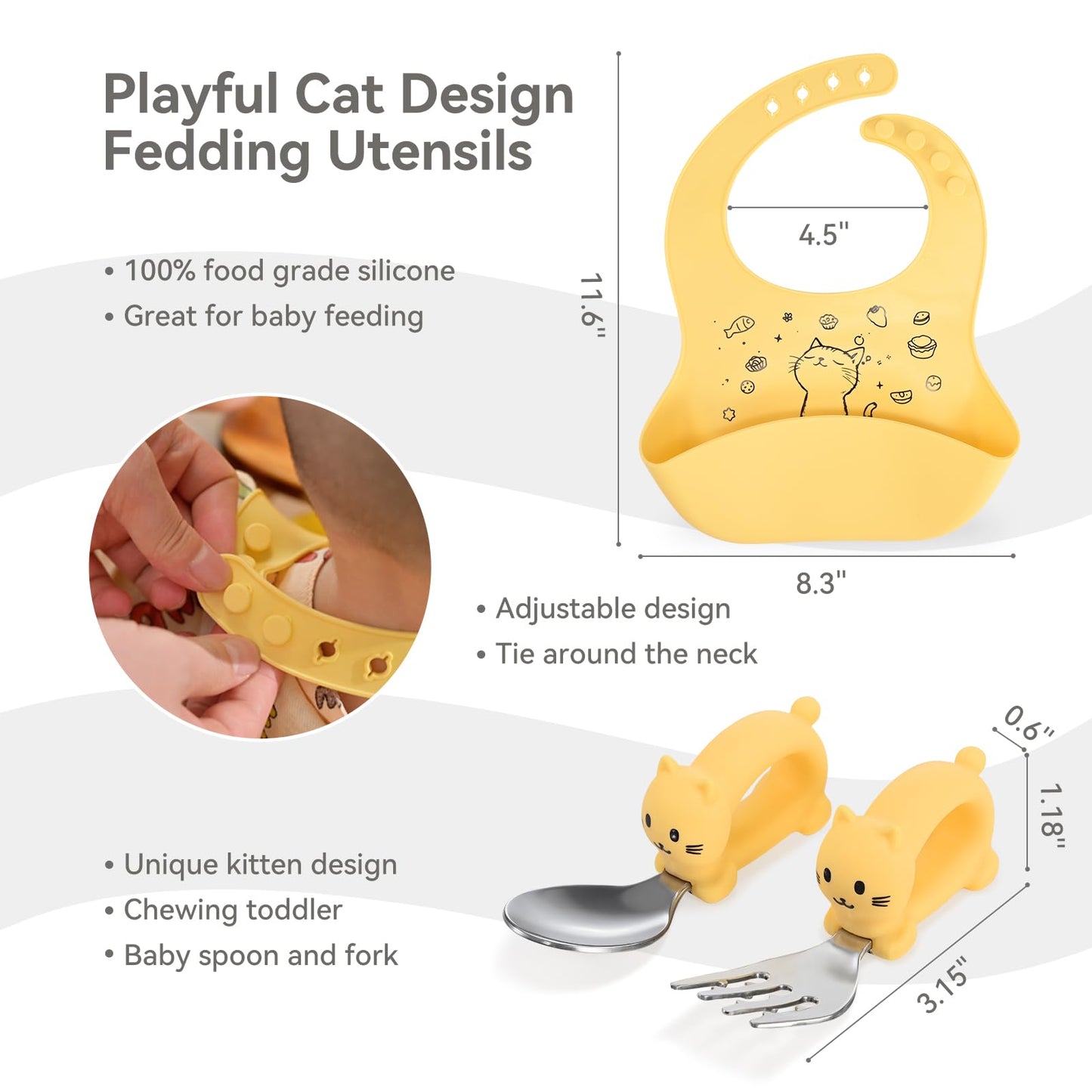 Mossora Portable Baby Plates with Suction, 6Pcs Travel Silicone Feeding Set for Toddlers, Foldable, Non-Slip Dishwasher Safe Plates & Utensils, BPA Free, Cat Design Gift Ready(Pale Yellow)