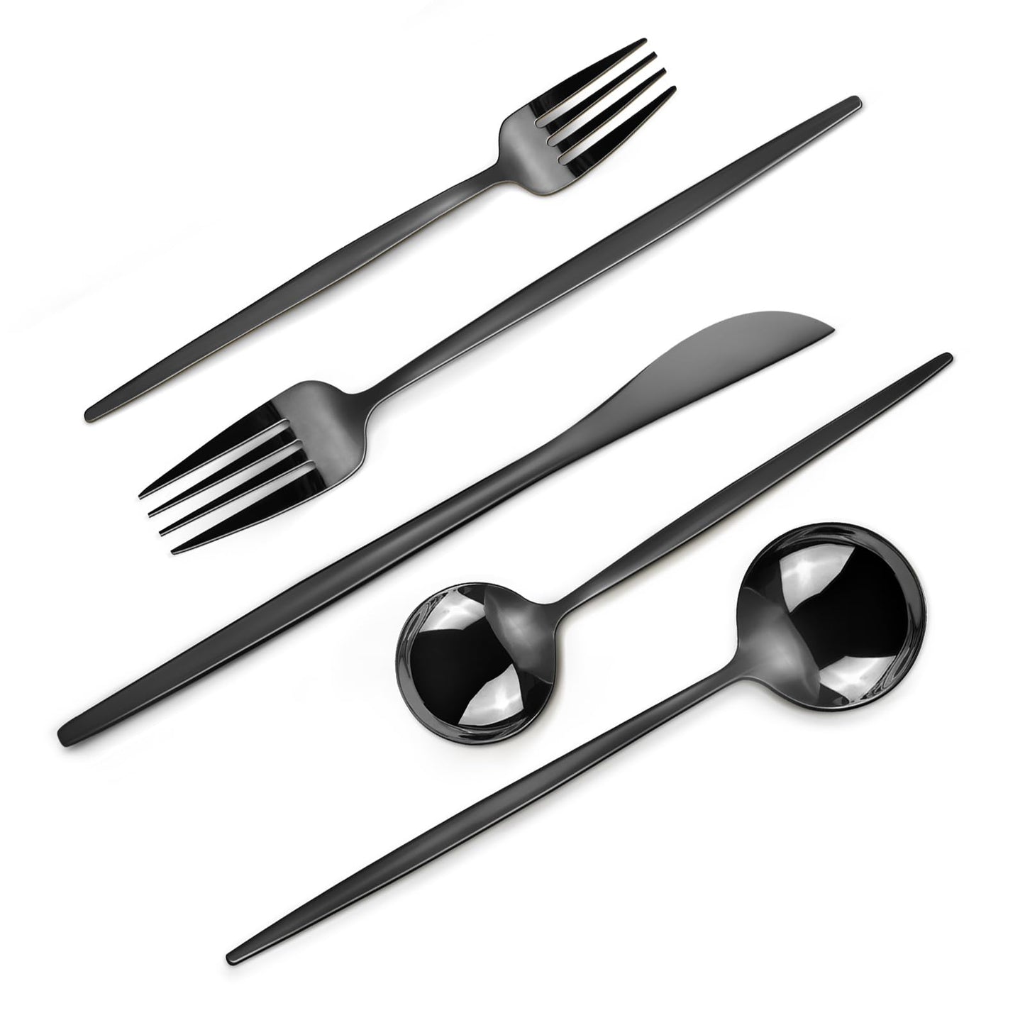 KOUSKOU Mirror Black Silverware Set, 20-Piece Flatware Cutlery Sets Service for 4, Mirror Polished Tableware Set, Utensils for Kitchens, Home and Restaurant, Dishwasher Safe