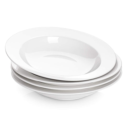 DOWAN Soup and Pasta Bowls Set of 4, White Porcelain Wide Rim Salad Plates, 20 Ounces, Microwave & Dishwasher Safe