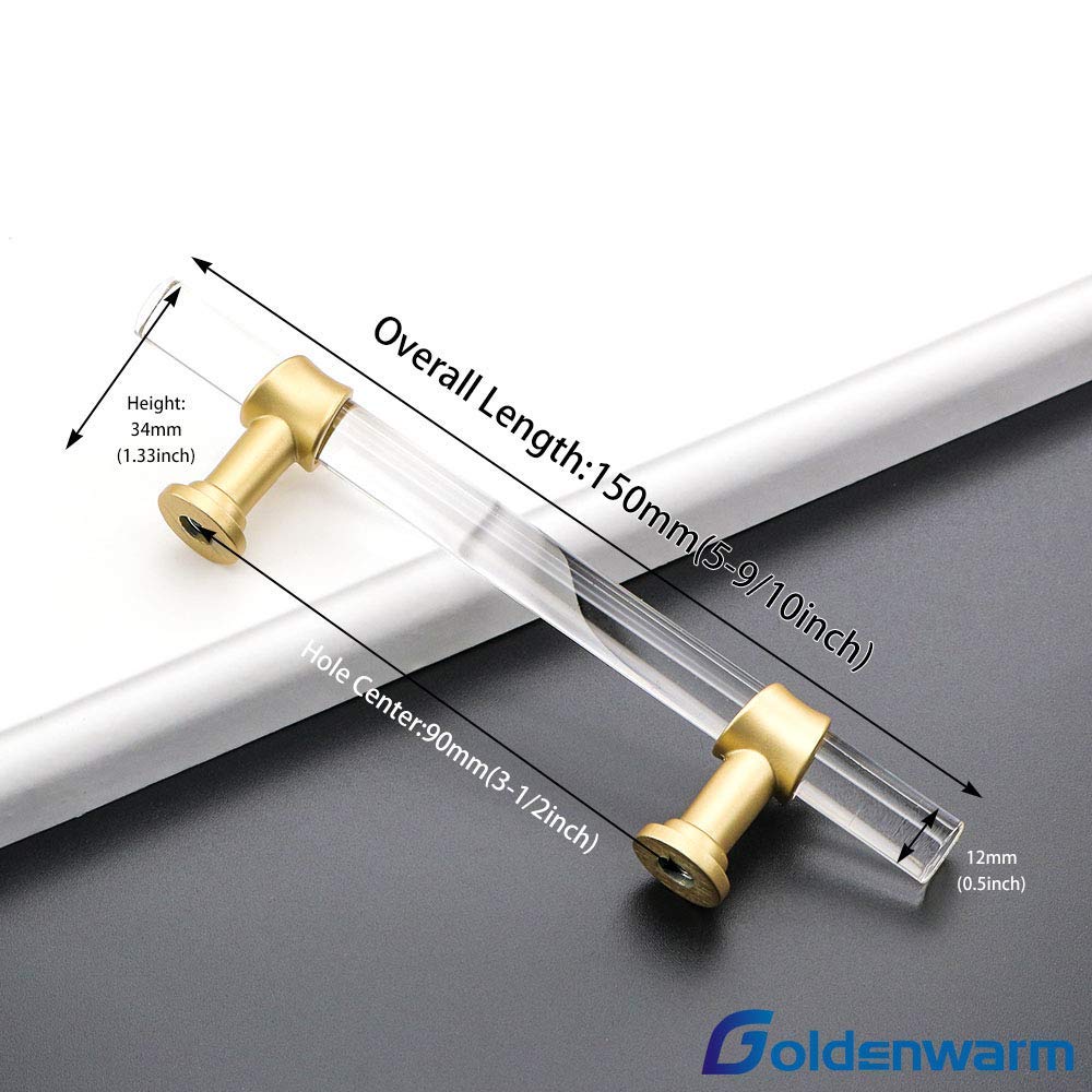 Goldenwarm 10 Pack 3-1/2 Inch Matte Gold Cabinet Pull Clear Acrylic Furniture Hardware Glass Cabinet Hardware for Kitchen Cupboard Bathroom