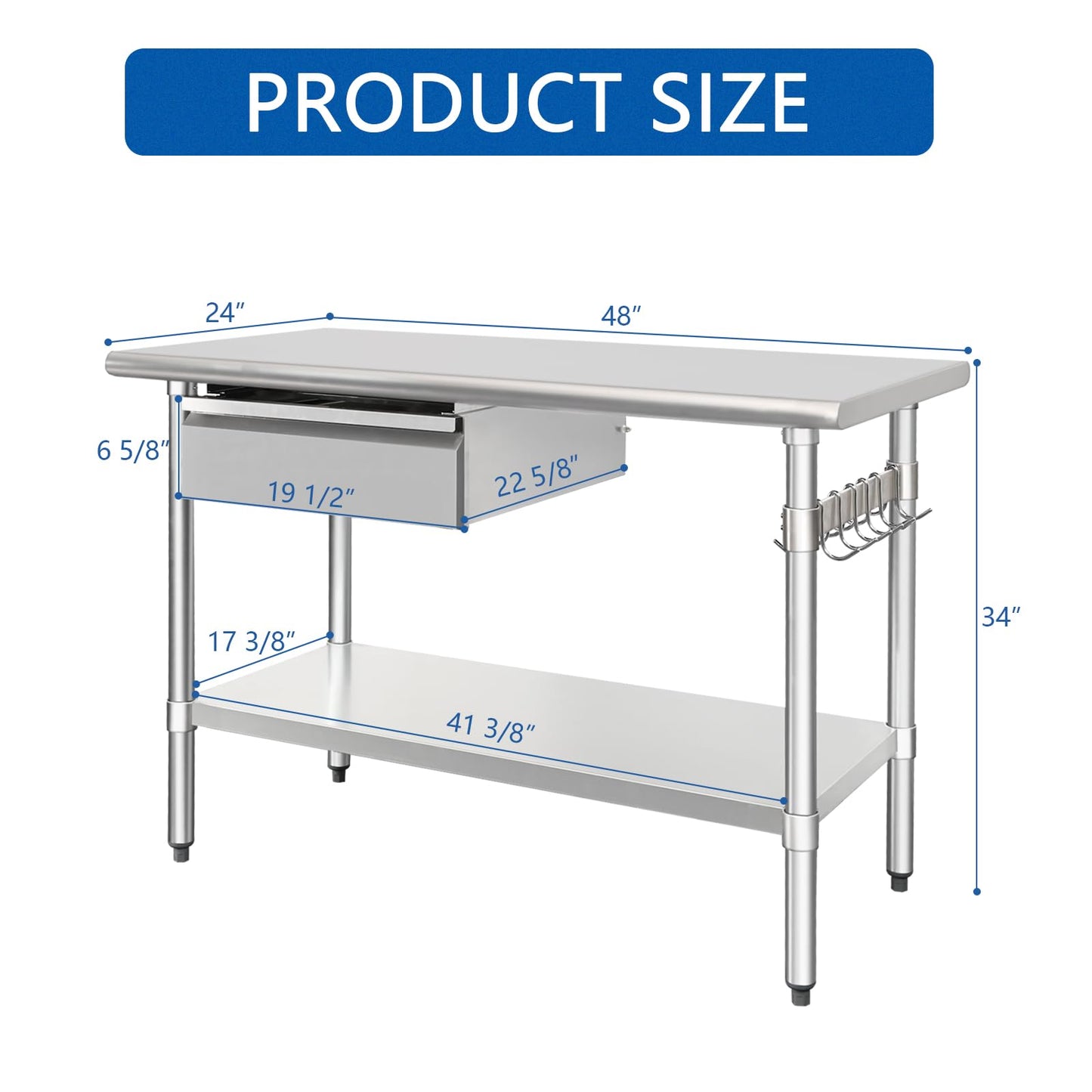 HARDURA Stainless Steel Prep Table with Drawer 24" x 48" NSF Heavy Duty Bench with Undershelf, Hook and Galvanized Legs for Commercial Food Prep