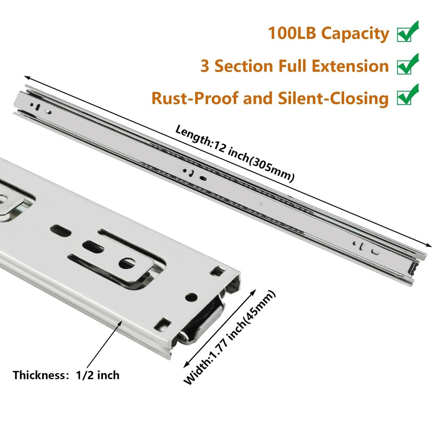 LONTAN 1 Pair Full Extension Ball Bearing Drawer Slides 12 14 16 18 20 22 24 Inch Heavy Duty Side Mount File Cabinet Rails Dresser Runner Kitchen Cabinet Drawer Glides 100 LB Capacity (12 inch,Silve)