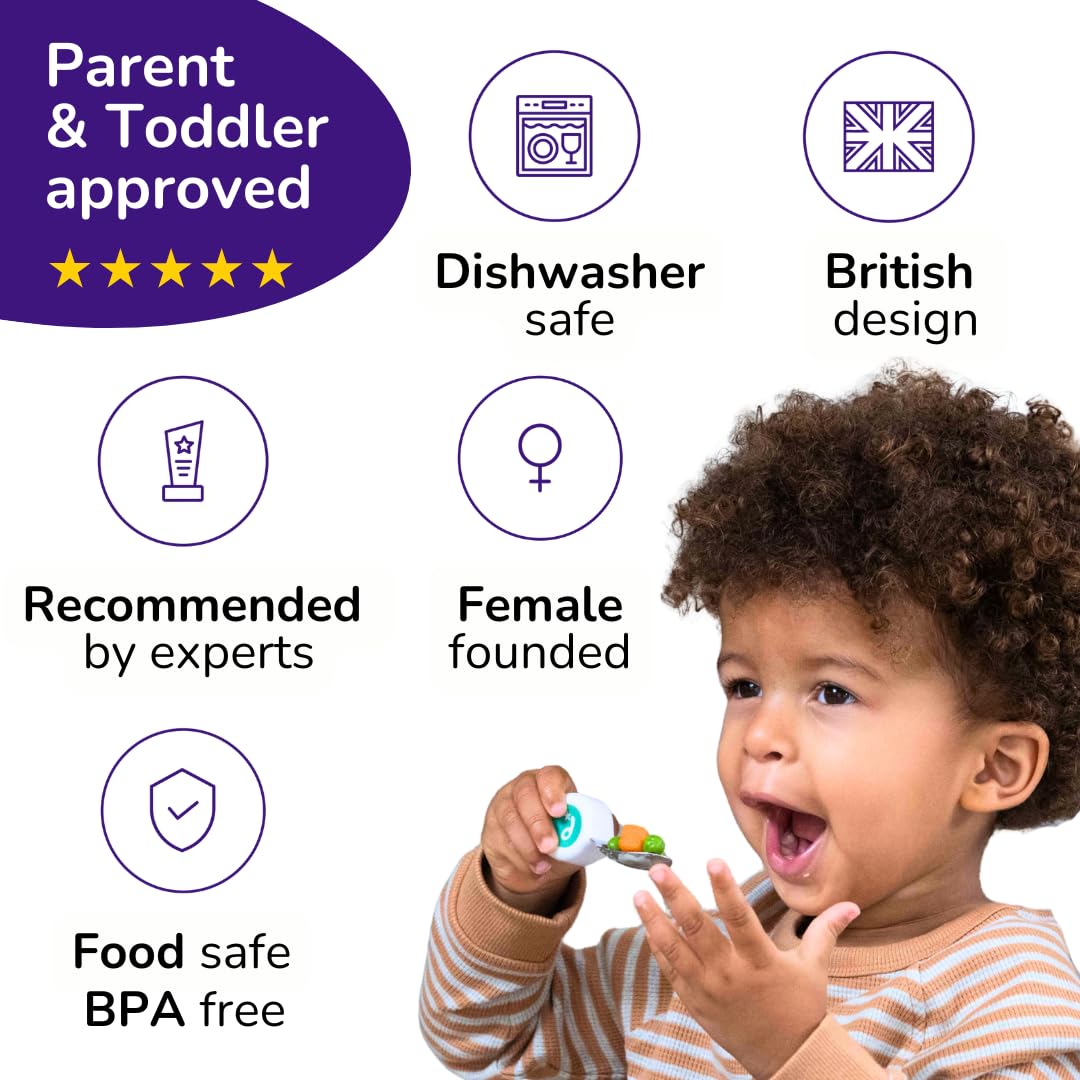 doddl Toddler Utensils, Ergonomic Fork and Spoon Set for Self Feeding, Stainless Steel Silverware for 1-3 Year Olds, BPA Free, Dishwasher Safe (Aqua)