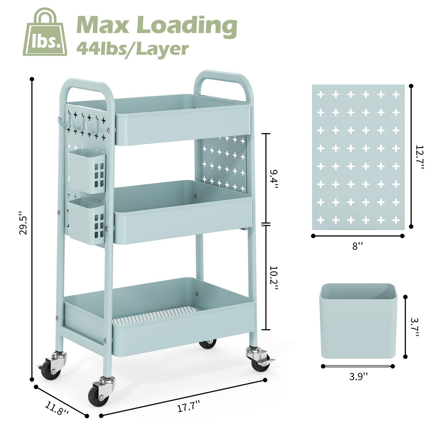 TOOLF Metal Rolling Storage Cart, 3-Tier Utility Mobile Cart with DIY Pegboards, Serving Trolley Cart with Baskets Hooks, for Kitchen, Bathroom, Office, Home, Classroom (Mint Green)