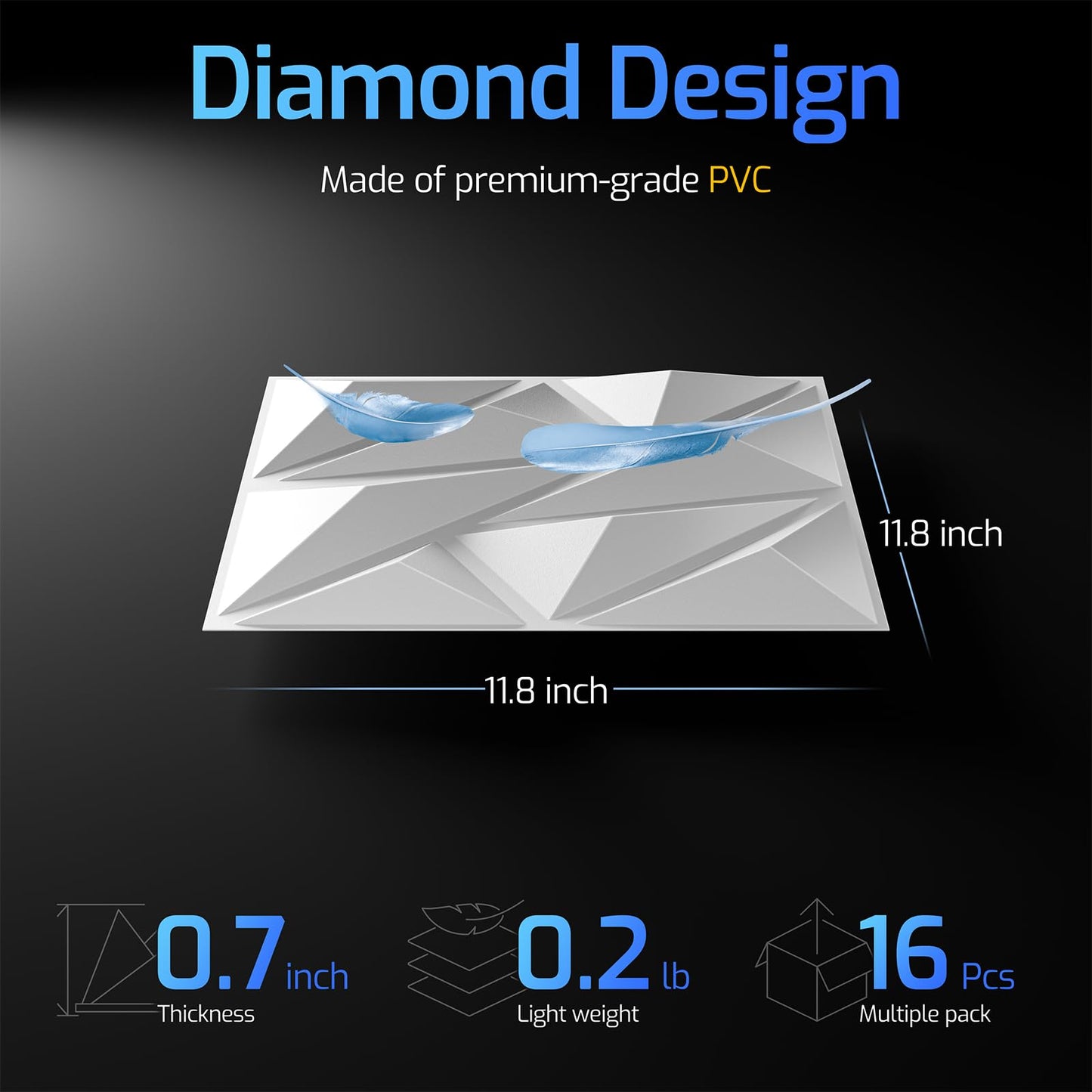 ZELMINE 3D Wall Panels White 16 Pack (Covers 15.5 Sq.Ft), 12" x 12" Diamond Texture Premium PVC Wall Tiles for Interior Decor, Waterproof & Paintable Accent Paneling for Gaming Room, Living Room