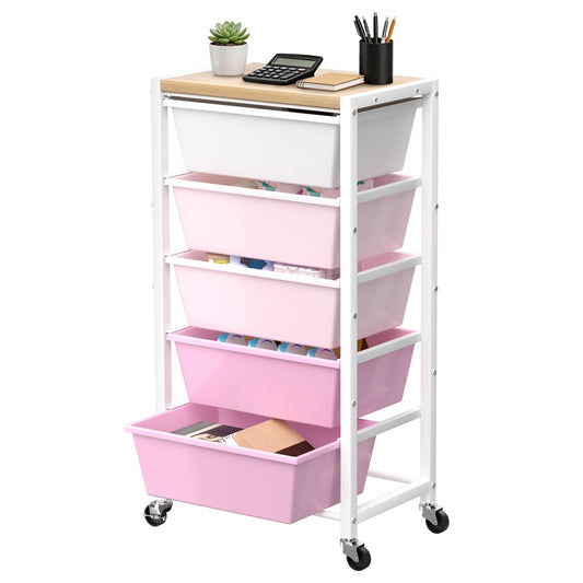 Rolling Cart with 5 Drawers, Plastic Drawer Storage Carts with Wheels & Wooden Tabletop, Metal Utility Cart for Office Bedroom Living Room Classroom, Craft Organization and Storage, Bright Pink