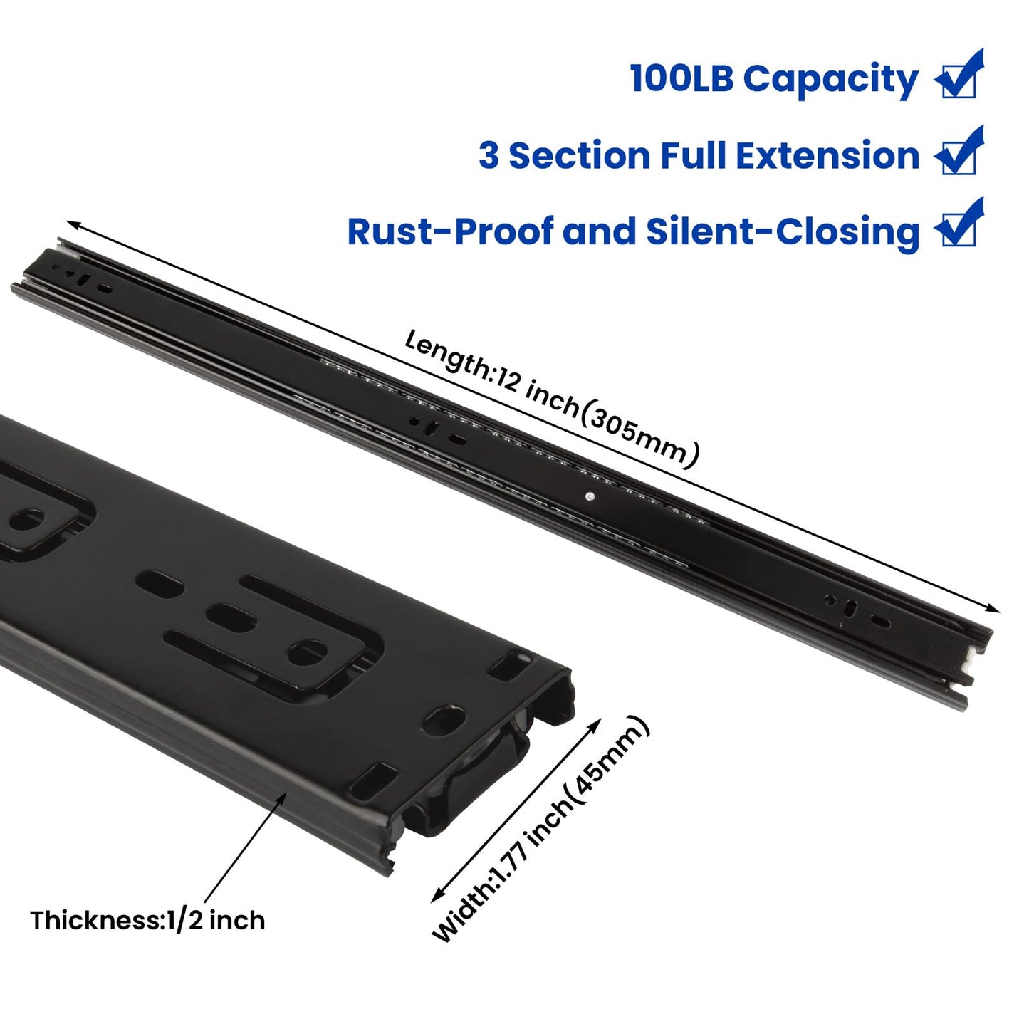 LONTAN Full Extension Ball Bearing Drawer Slides 8 10 12 14 16 18 20 22 24 Inch Heavy Duty Side Mount File Cabinet Rails Dresser Runner Kitchen Cabinet Drawer Glides,12 Inch,1 Pair,Black