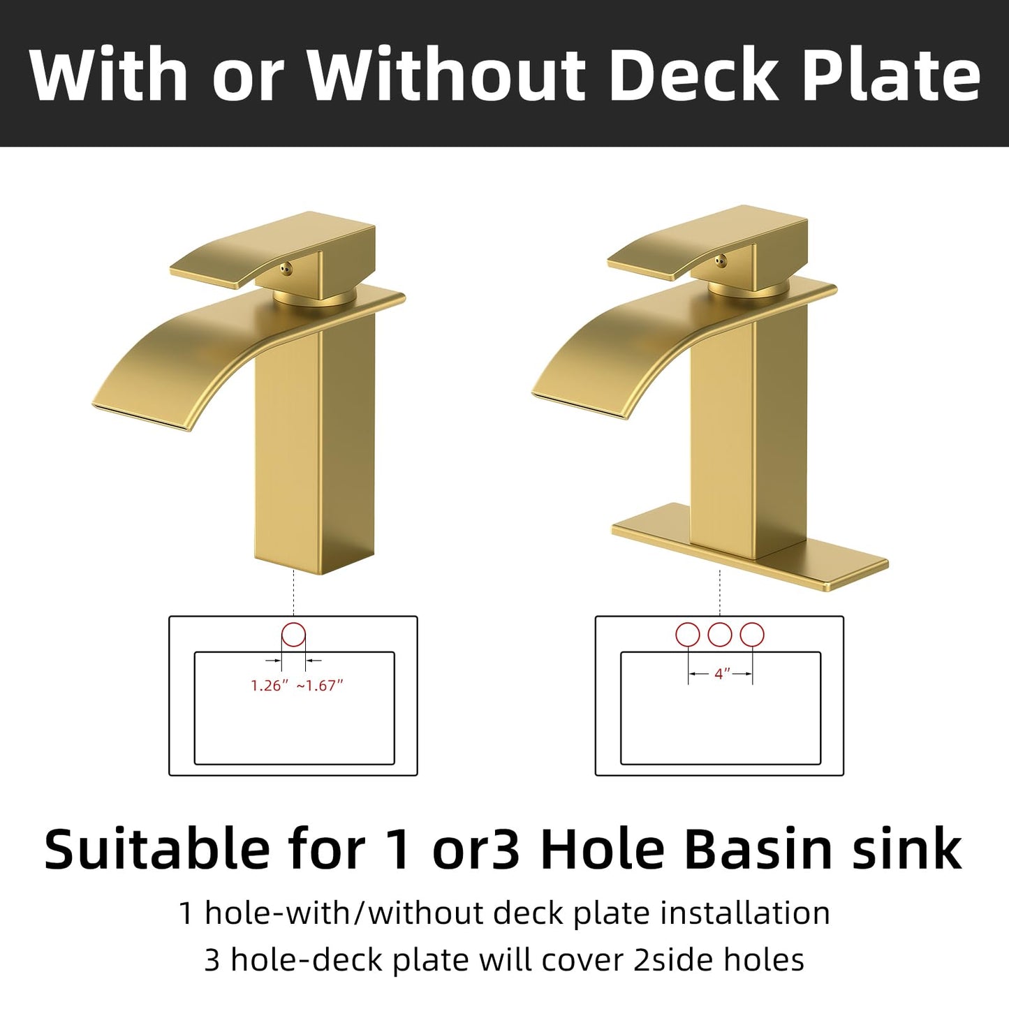 Ryuwanku Bathroom Faucet Brushed Gold Modern Waterfall Bathroom Sink Faucet with Single Handle Suitable for 1 or 3 Holes,Supply Deck Plate and Hose…