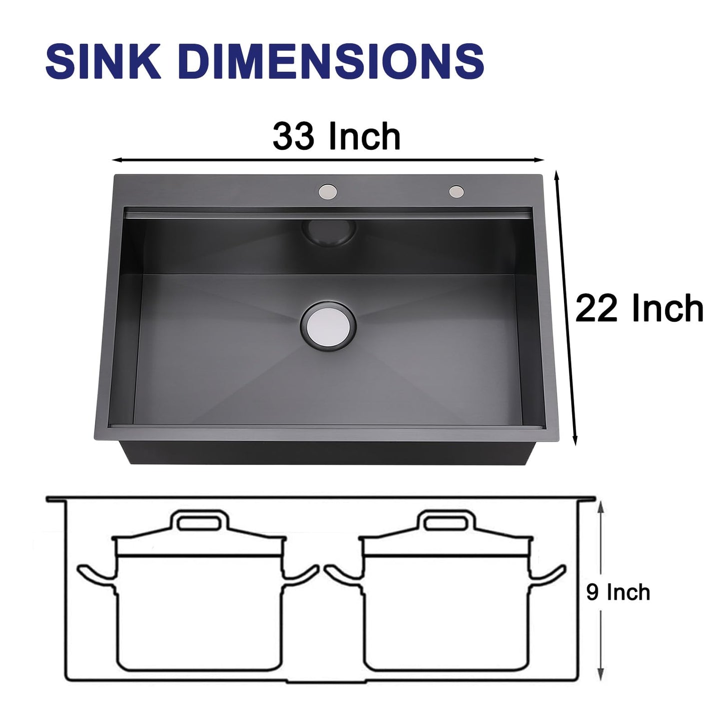 33x22 Inch Black Drop In Kitchen Sink - VAPSINT 33 Inch Top Mount Single Bowl 9 Inch Deep Handmade Workstation Sink in Gunmetal Stainless Steel with Cutting Board & Strainer