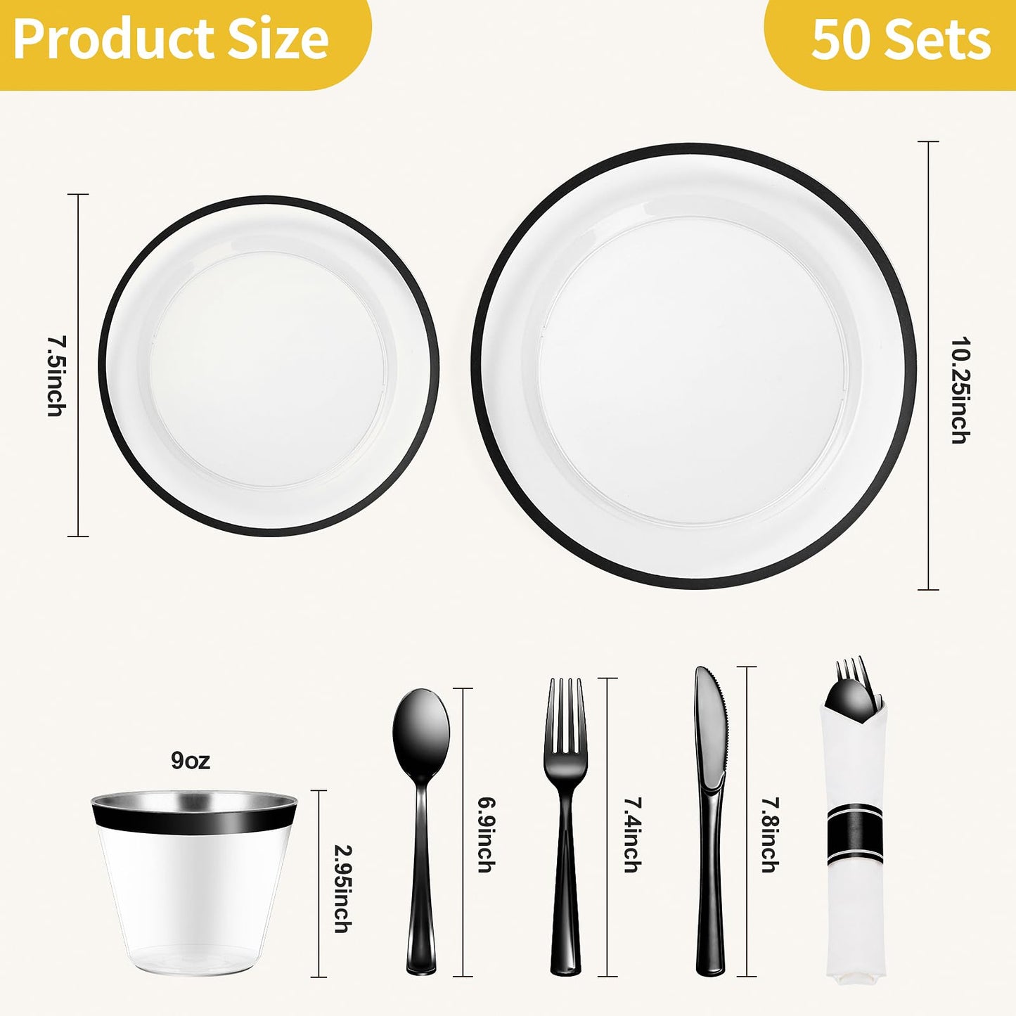 Goodluck 350 Piece Black Plastic Dinnerware Set for Party, Clear Disposable Plates for 50 Guests, Includes 100 Plates, 50 Pre Rolled Napkins with Cutlery Set, 50 Cups, for Graduation Party, Wedding