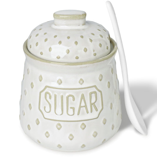 QUXIJA Sugar Bowl with Lid and Spoon, 10 OZ Ceramic Sugar Container for Kitchen Accessories, Sugar Storage Containers, Farmhouse Decor (Vintage White)