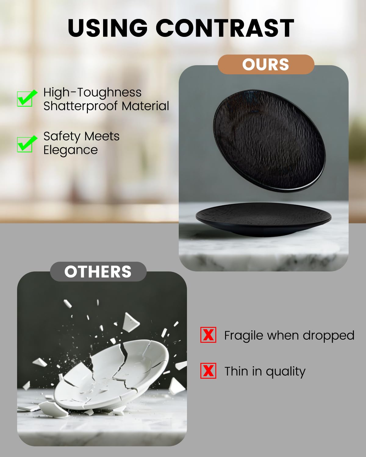 NoorooCare Reusable Plastic Plate Sets of 6, Unbreakable Dinner Plates, Dinnerware for Kitchen Camping Party and Restaurant, 8 inch,Black