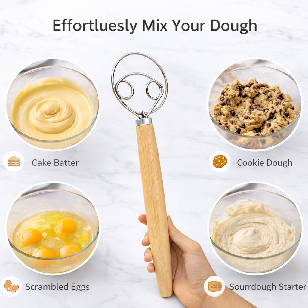 COOKSURE Danish Dough Whisk for Sourdough Bread – 13 Inch Bread Whisk with Wooden Handle – 304 Stainless Steel Hook for Heavy Dough Baking, Swedish Dough Whisk Tool