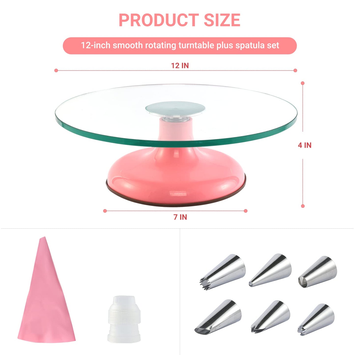 Distlety Glass Cake Turntable for Decorating: 12 Inch Cake Spinner Stand for Birthday Party Wedding Cake Decorating Supplies Tools (Pink)