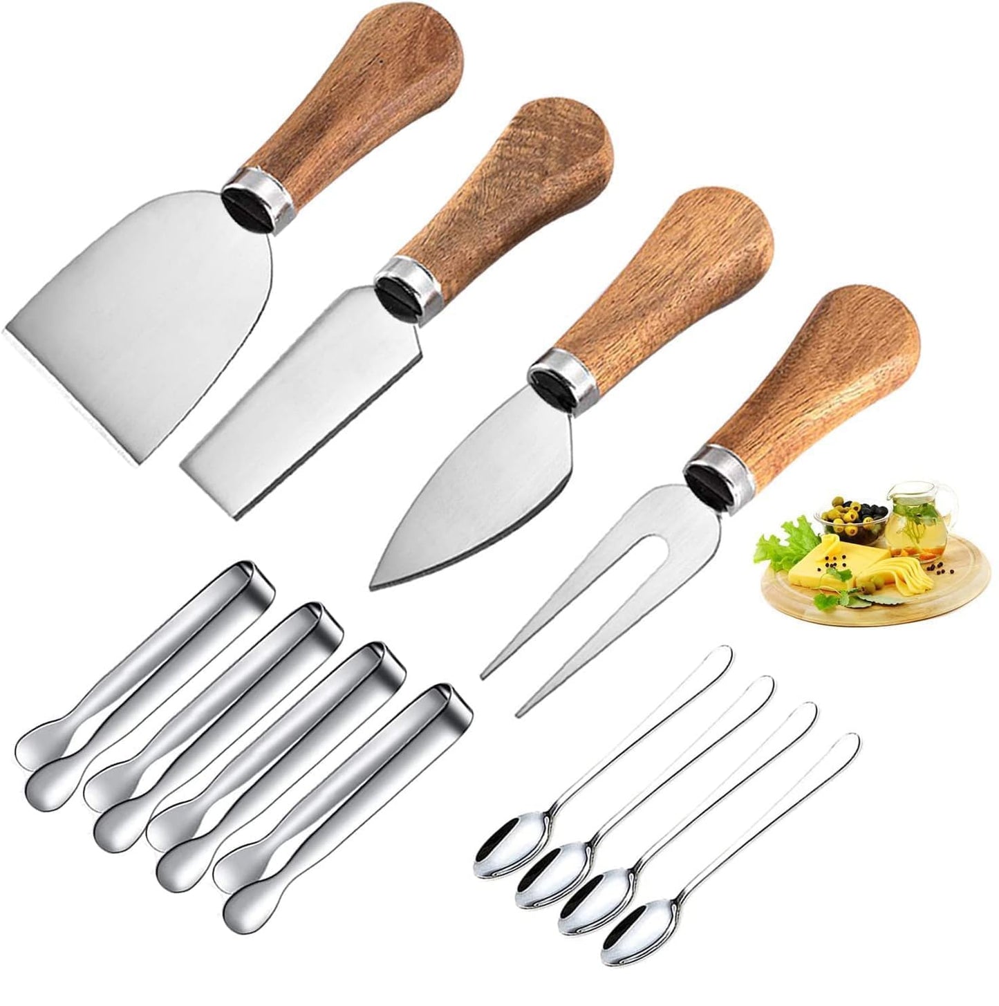 4 Pieces Cheese Knife Set with Wooden Handles Stainless Steel Cheese Knives, Cheese Spreaders, Butter Knife, Mini Serving Tongs, Forks, Charcuterie Board Accessories for Party, Wedding, and Christmas