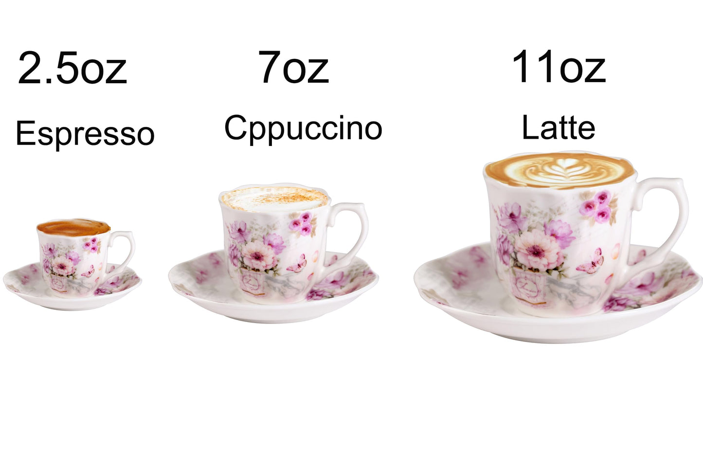 GuangYang 7 oz Porcelain Tea Cups and Saucers set of 6,Purple Fancy Floral Pattern (Perfect for Cappuccino, Flat white Coffee, Americano, Hot Tea, or Desserts)