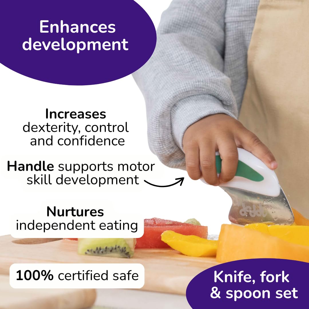 doddl Toddler Utensils, Ergonomic Fork Spoon and Knife Set for Self Feeding, Stainless Steel Silverware for 1-3 Year Olds, BPA Free, Dishwasher Safe (Aqua)
