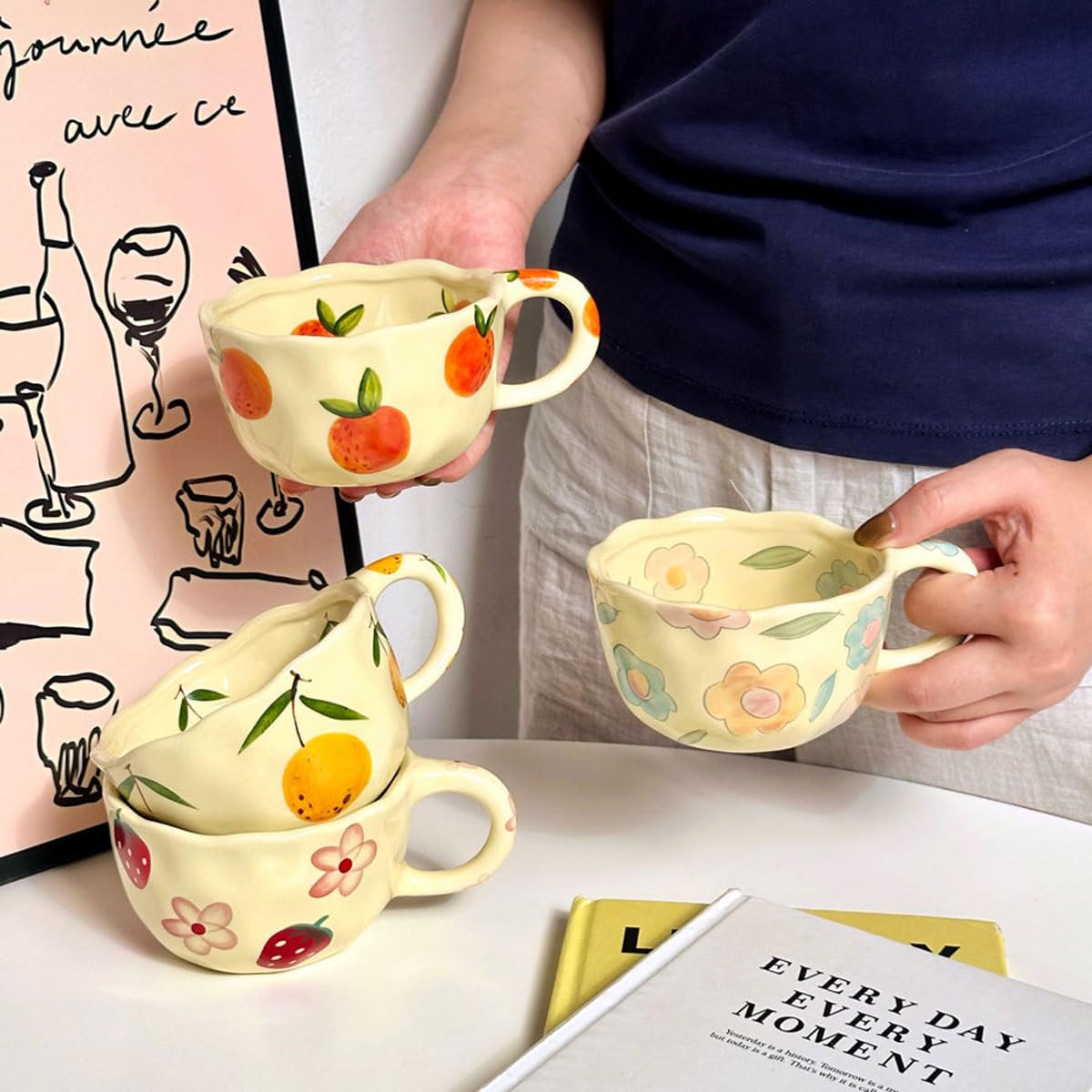 4 pcs Ceramic Coffee Mug 8.5oz Cute Floral Coffee Mug Retro Floral Cup with Handle Spoon Irregular Latte Art Cup Valentine's Day Gift Office Home Dishwasher and Microwave Safe (4-piece set A)