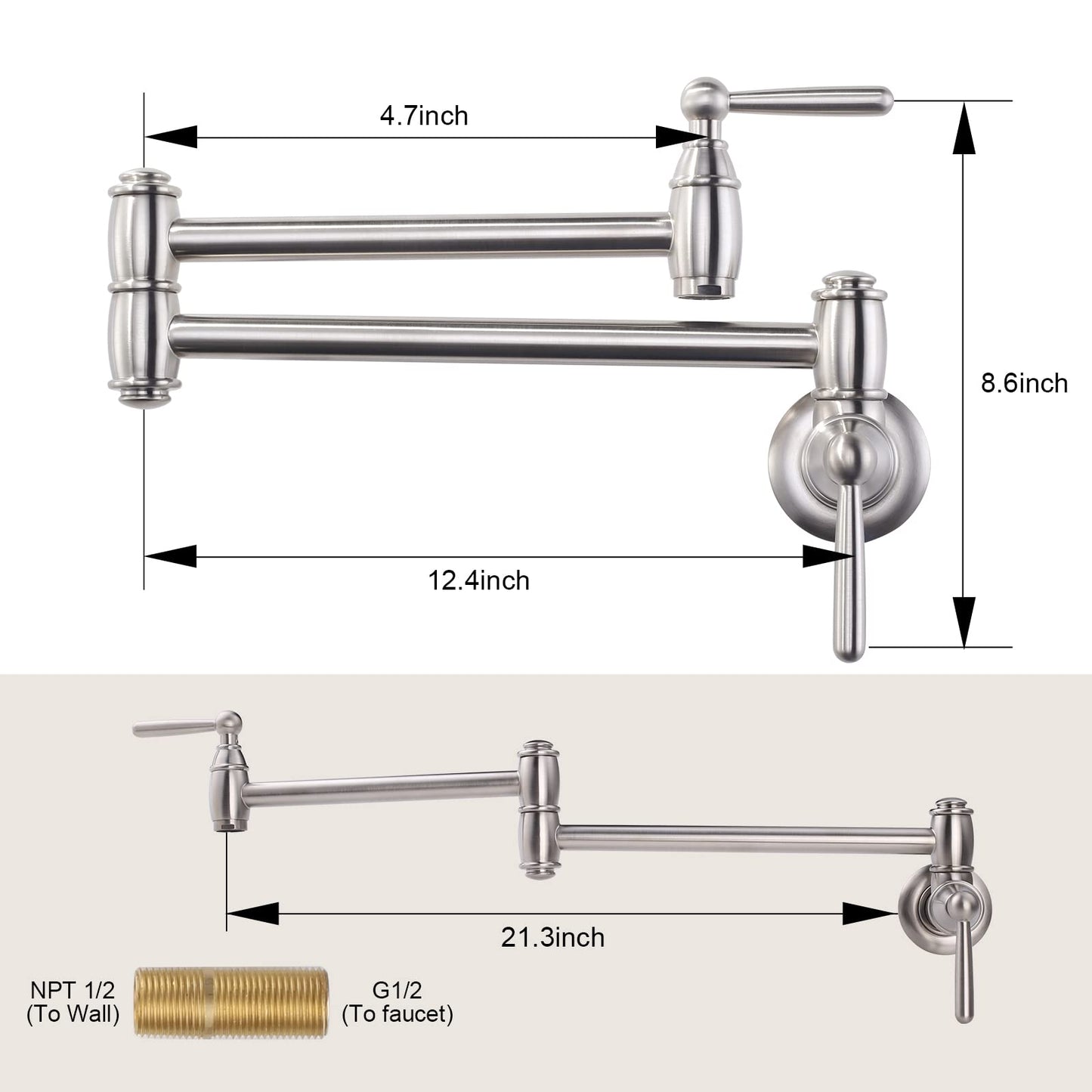 Pot Filler Faucet Brushed Nickel, ARCORA Modern Pot Filler Wall Mount 2 Handle with Double Joint Swing Arms Brass Stove Faucet