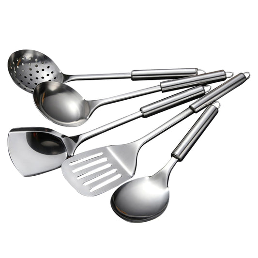 5 PCS Cooking Utensils Set Stainless Steel Kitchen Utensils Gadgets Resistant Cooking Tools Includes Slotted Spoon, Slotted Spatula, Large Spoon, Soup, Spatula(Sliver)