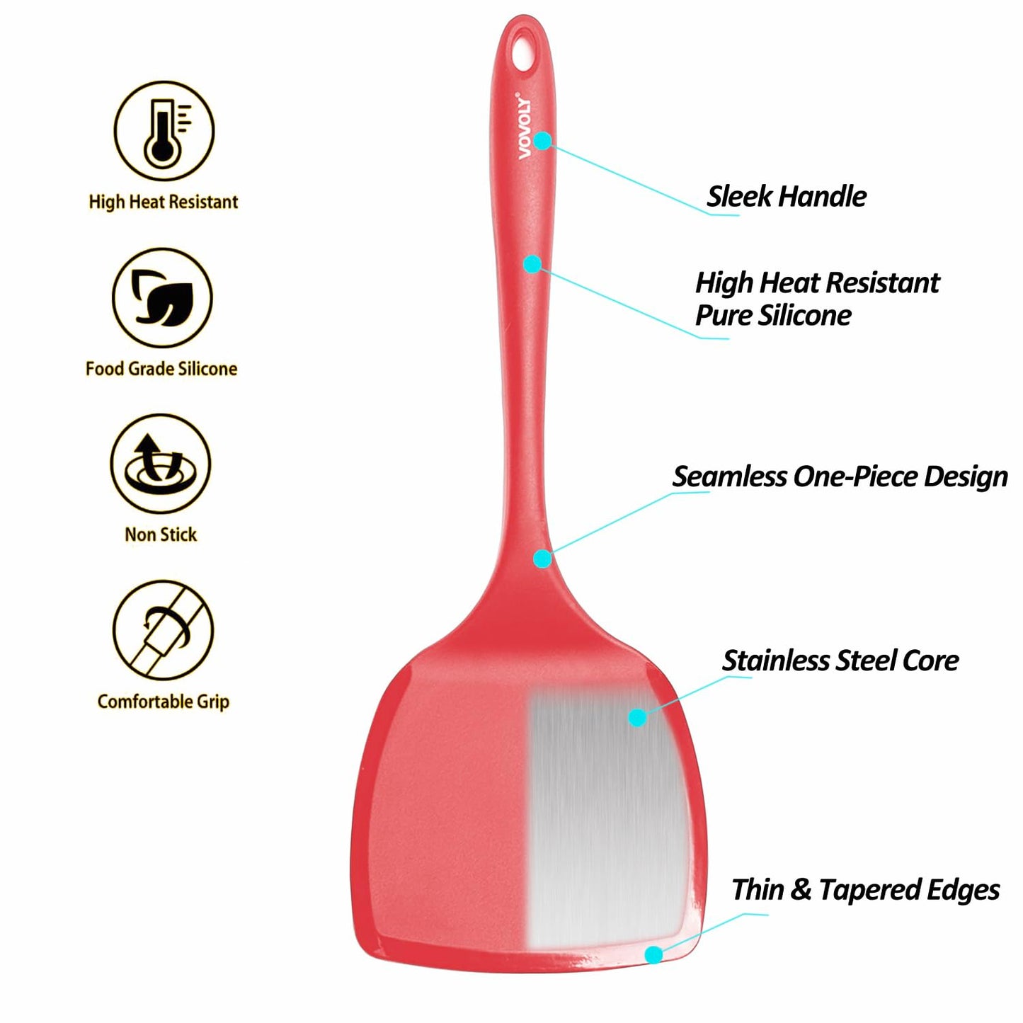 Silicone Pancake Spatula Turner with Lengthened Handle& Seamless Design, Heat Resistant Cooking Spatulas for Nonstick Cookware, Large Flexible Kitchen Utensils, Flipper for Egg, Pancake, Burger, Red