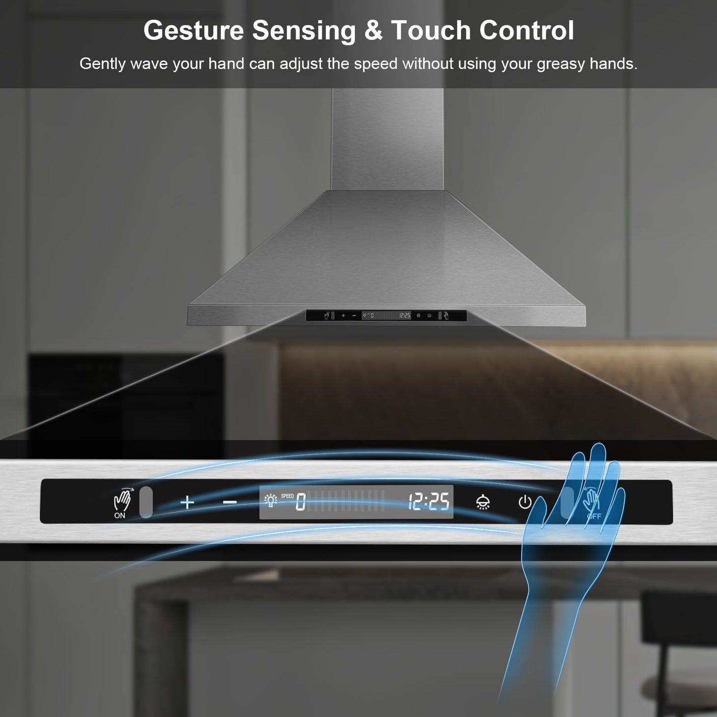 Tieasy 30" Island Range Hood 700 CFM Ceiling Mount Kitchen Vent Hood with Gesture/Touch Control, 3-Speed Fan & 4 LED Lights, Convertible Ductless/Duct, Stainless Steel Baffle Filters,Time Setting