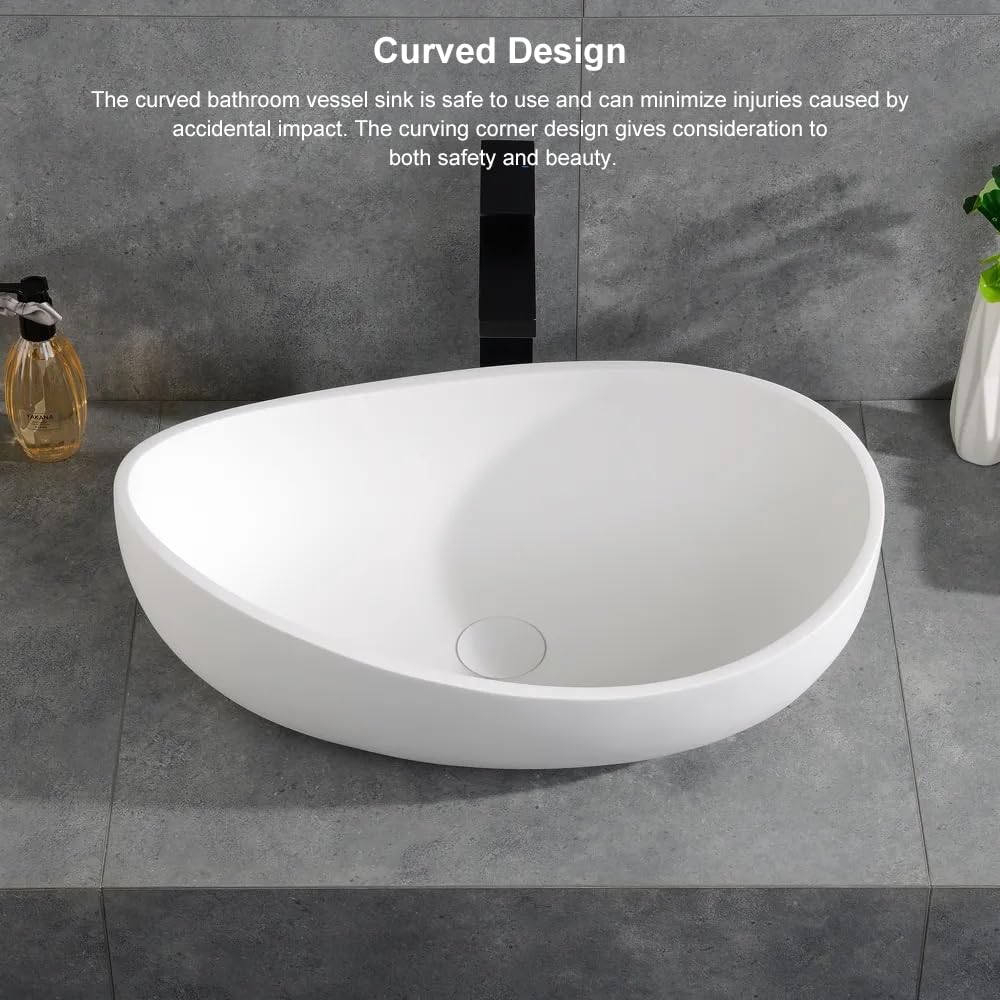COGITIL Bathroom Sink, 22" Oval Vessel Bowl Sink Stone Resin Modern Artistic Design for Vanity Countertops Matte White with Pop Up Drain (Glossy White)