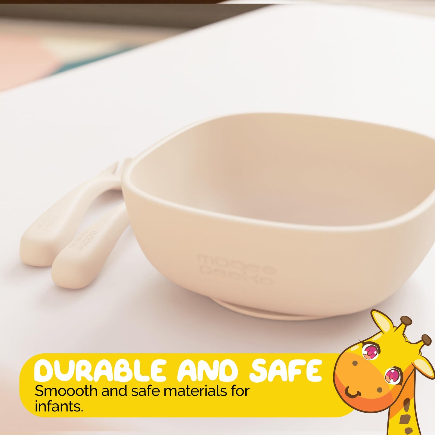 Muqee Peeko Silicone Baby Feeding Set with suction bowls for baby baby utensils 6-12 months in Beige color - (3 Piece Set) made with Baby Safe Silicone bowls for baby