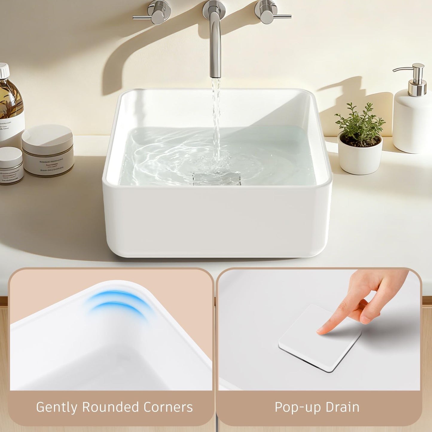 Vessel Sink with Drain, 12" Square Bathroom Sinks Above Counter, 0.2" Ultra-Slim Rim Modern Vessel Sinks for Bathroom, White Ceramic Vanity Sink (12.2x12.2" Square)