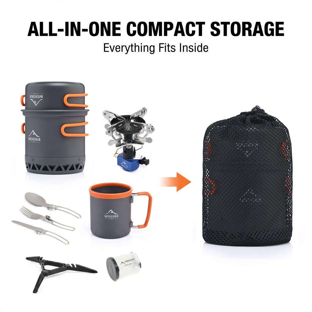 Widesea 1-2 Person Camping Cookware Set – Backpacking Pot with Heat Efficiency Ring, 3300W Folding Stove, 480ML Insulated Aluminum Mug, Utensils & Spice Container – Compact Outdoor Cooking Kit