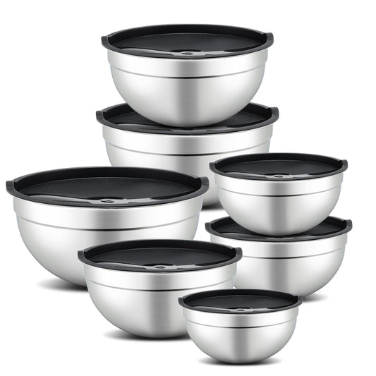 Hunnycook 7 Piece Mixing Bowls with Lids Set - Mixing Bowls Stainless Steel Bowls for Kitchen Baking, Size 0.7, 1.1, 1.5, 2.1, 3.5, 4, 4.5QT, Baking Bowl for Food Preparation, Mixing and Serving Foods