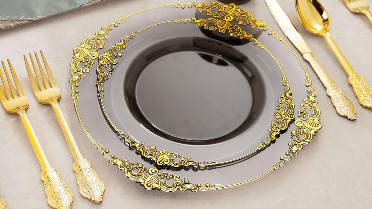 Nervure 175pcs Clear Black Plastic Plates - Gold Plastic Dinnerware Set for 25 Guests include 50 Disposable Plates,75 Gold Silverware,25 Cups,25 Napkins Perfect for Party&Independence Day