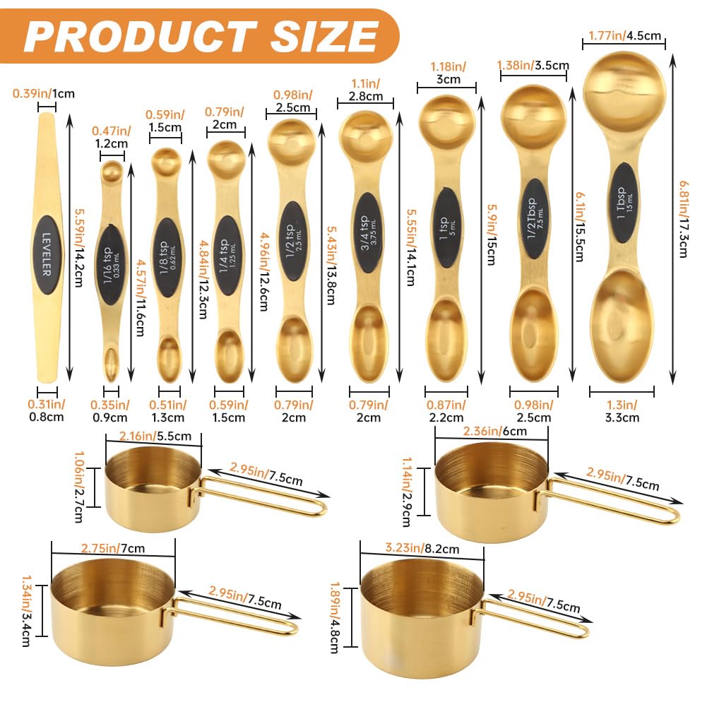 13Pcs Magnetic Measuring Spoons Set,Stainless Steel Measurin g Cups,8 Dual Sided Magnetic Measuring Spoons with Leveler,4 Nesting Measurings Cups for Liquid and Dry Ingredients(Golden,Size:Multi size)