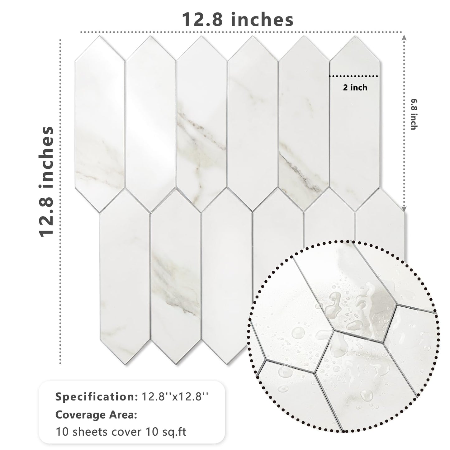 Vamos Tile Glossy White Marble Backsplash Tile Peel and Stick, 12.8 x 12.8 Inch 10 Sheets Long Hexagon PVC Self Adhesive Mosaic Wall Tiles Stick on Backsplash for Kitchen and Bathroom