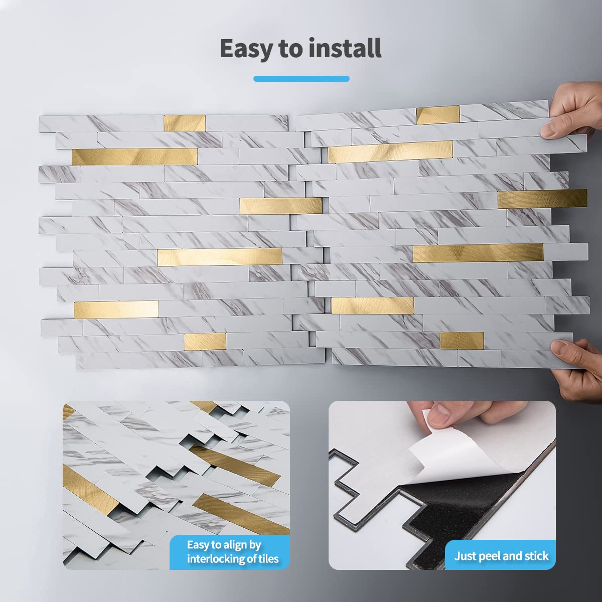 Art3d 10-Sheet Peel and Stick Backsplash Tile for Kitchen Bathroom Fireplace Laundry Room in White Slate with Gold Studded