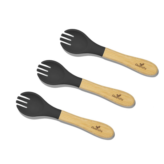 Avanchy Baby Fork Set, Bamboo and Silicone Spork Utensils, Toddler Baby Led Weaning Silverware Cutlery Flatware, Kids First Self Feeding
