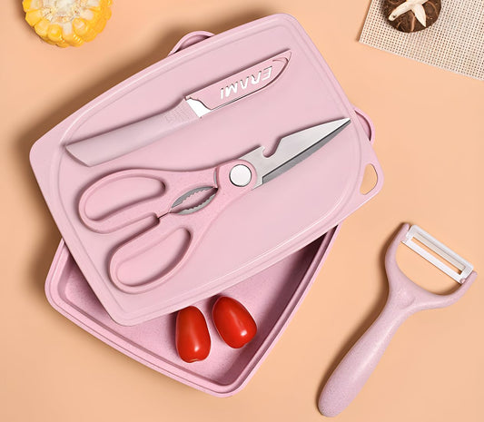 ZeQi 5-in-1 Cutting Board, Knife, Peeler, Scissors and Tray Set/Travel, Camping, Outdoor, Dorms, Small Cutting Boards, BPA Free, Dishwasher Safe, Kitchen Utensils, Gift