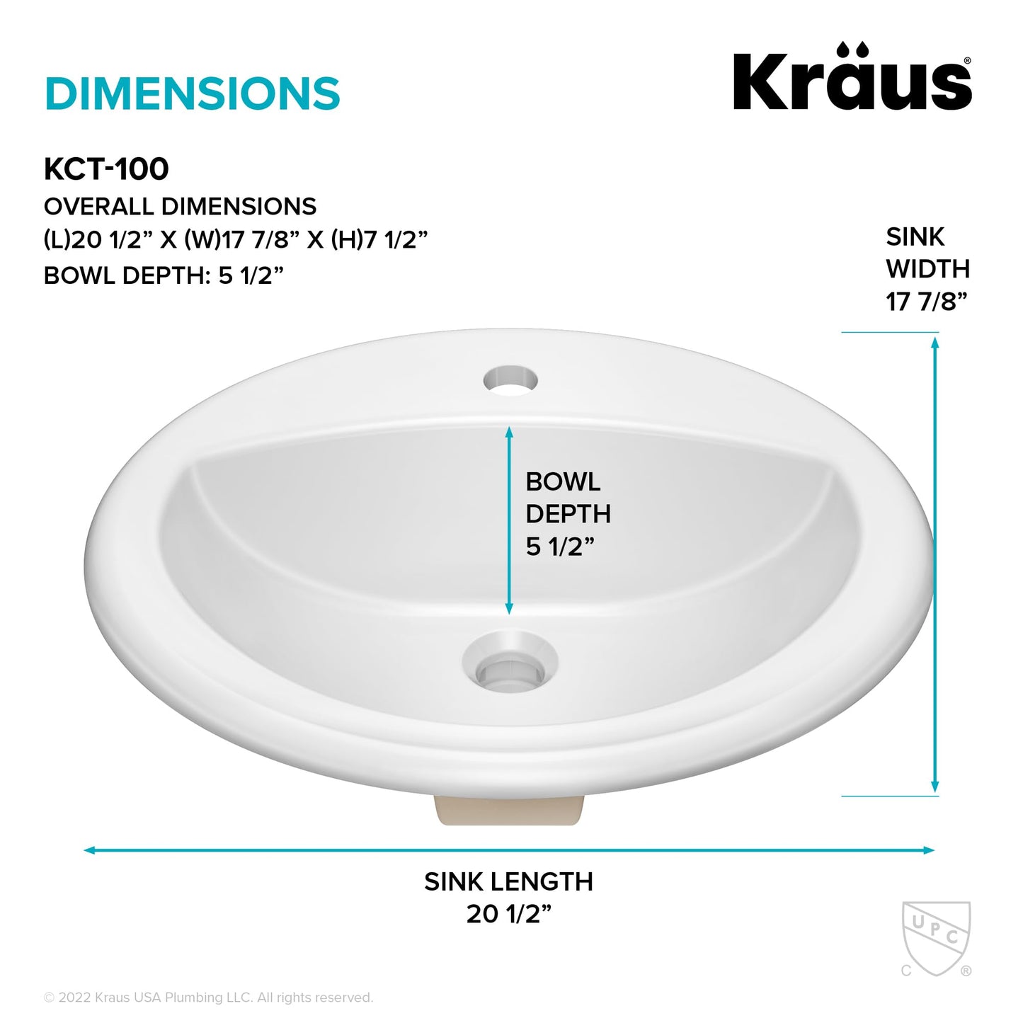 KRAUS Elavo 20.5 in. Oval Porcelain Ceramic Self-Rimming Drop In Bathroom Sink in White with Overflow Drain, KCT-100